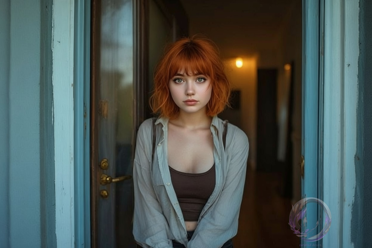ai generated image of fictional character Claudie by Ophelio, waiting in front of her door