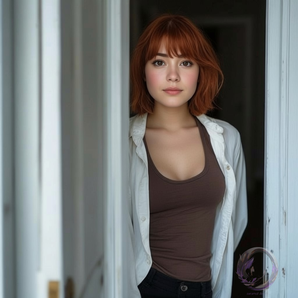Fictional character Claudie from illustrated erotic stories by Ophelio waiting on her doorstep