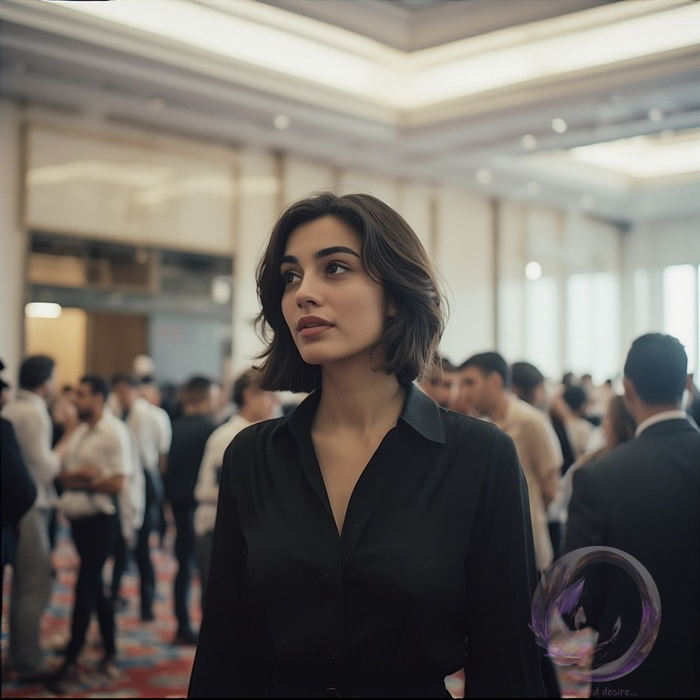 Portrait of female character AYLEEN by Ophelio, alone at a work event