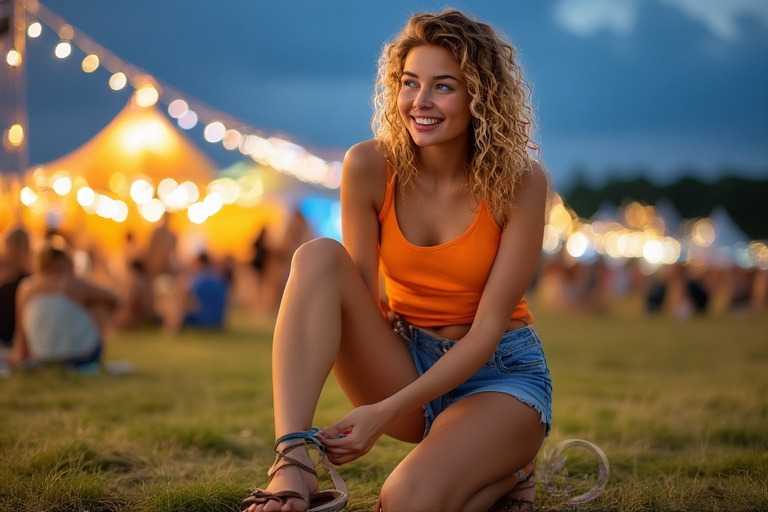 Fictional character Sadie from the illustrated erotic stories by Ophelio, tying her sandal outdoor