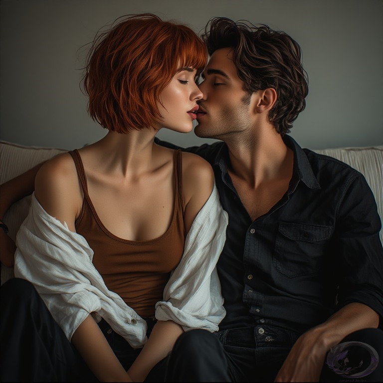 Fictional characters Claudie and Trev from erotic stories illustrated by Ophelio, kissing on a sofa